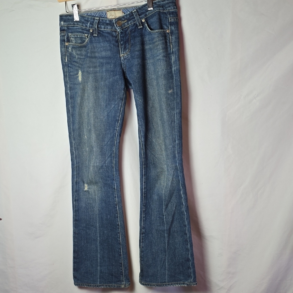 PAIGE Medium Blue Flare Jeans with Light Distressing